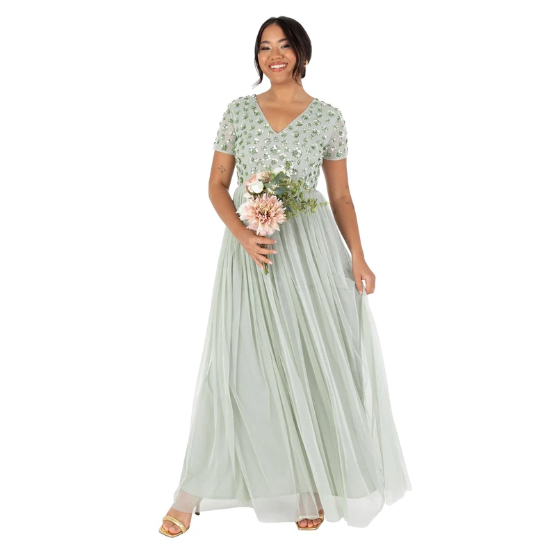 Maya Deluxe Women's Ladies Maxi Dress Sequin Embellished Floral V-Neck Short Sleeve Tulle Skirt A-line for Wedding Guest Ball Gown, Green Lily, 18