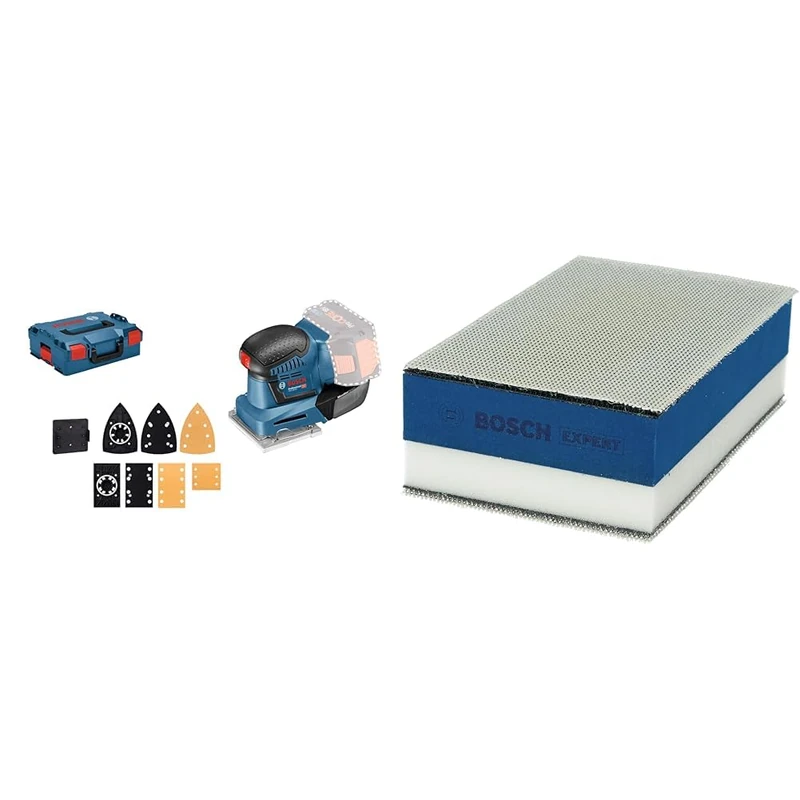Bosch Professional System GSS 18 V-10 Cordless Sander (Orbit Diam.: 1.6 mm, Three Plates of Different Sizes, Excluding Batteries and Charger, in L-BoxX) + 1x Expert Dual Density Sanding Block