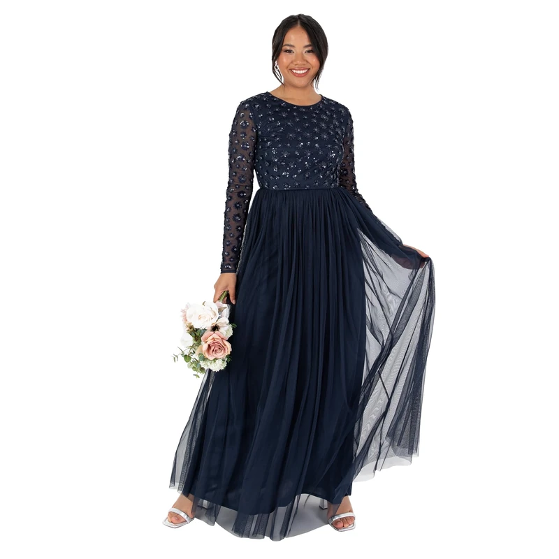 Maya Deluxe Women's Ladies Maxi Dress Long Sleeve Round Neck Sequin Embellished Tulle Floral A-line for Occasion Prom Ball Gown, Navy Blue, 6