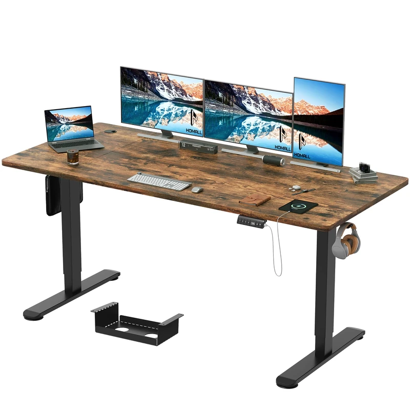 Homall 180x80cm Height Adjustable Standing Desk with USB Charging,Sit Stand Desk with Wire Management Tray, Stand up Table Heavy Duty Steel with 3 Memory Setting,Rustic Brown