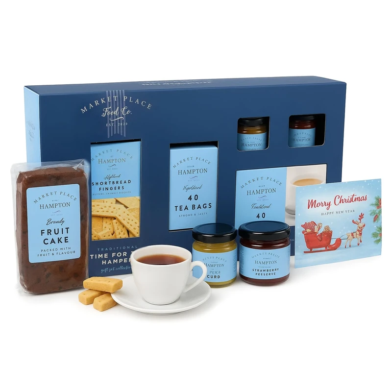 Tea & Biscuits Gift Set for Couples - Afternoon Tea Gift Hamper with Strawberry Preserve, Orange Marmalade, Fruit Cake, Tea Bags & Shortbread Biscuits. Christmas Gifts for Mum or Birthday Gifts