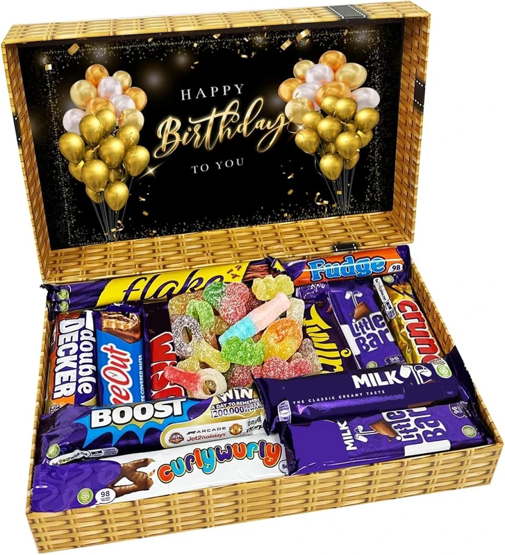 Happy Birthday Sweets and Chocolate Gift Box Pick n Mix Sweets Chocolate Hamper in Wicker Style Printed Box | Gift Box for All | 360gm Sweet & 12 Standard Bars