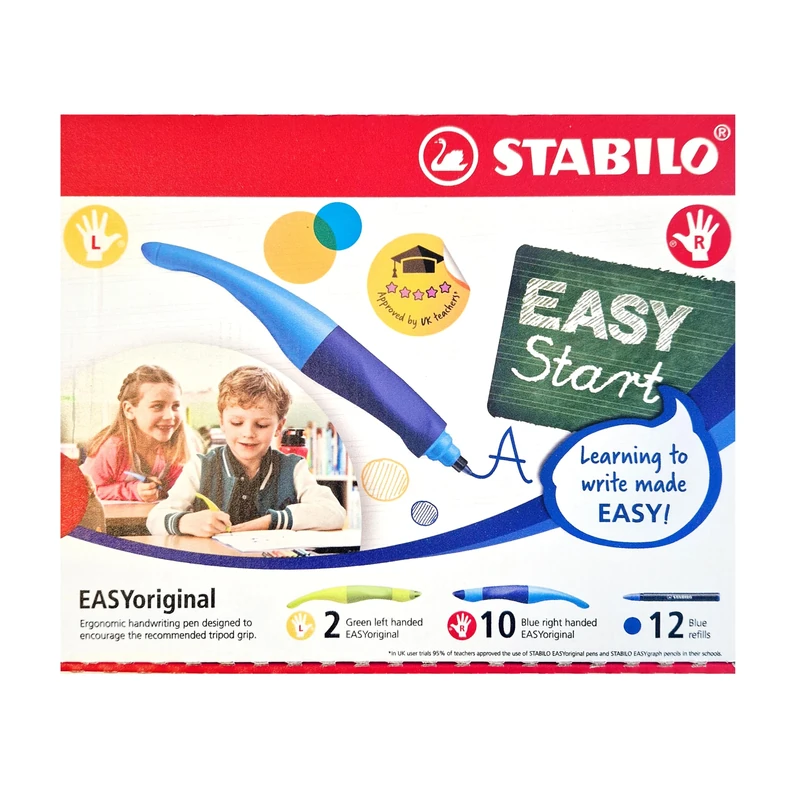 STABILO EASYoriginal - Ergonomic Rollerball - Classpack of 12 - with 10 Right-Handed Dark Blue/Light Blue, 2 Left-Handed Lime/Green with 12 Blue Refills