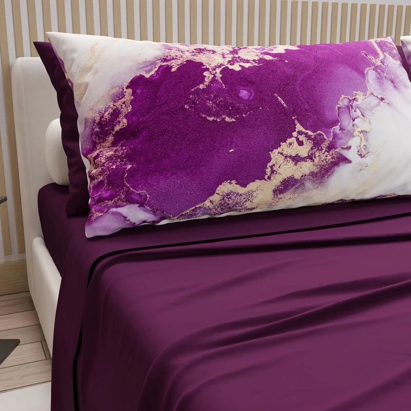 PETTI Artigiani Italiani - Double Bed Sheets in Cotton with Pillowcases in Digital Print, for Double Bed, Complete Fitted Sheet with Corners, Plum, 100% Made in Italy