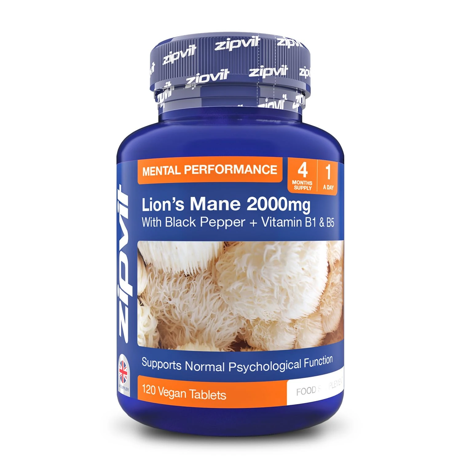 Zipvit Lion's Mane Mushroom Supplement 2000mg with B1, B5 & Black Pepper, 4 Month Supply, 120 Vegan Tablets, Supports Brain Function, Mental Performance, Reduces Fatigue, Not Powder or Capsules