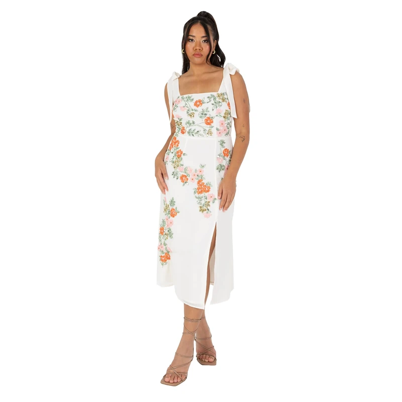 Maya Deluxe Women's Ladies Midi Dress Square Neck Sleeveless Tie Shoulder Floral Embellished Slit Split for Wedding Guest Occasion Ecru 26