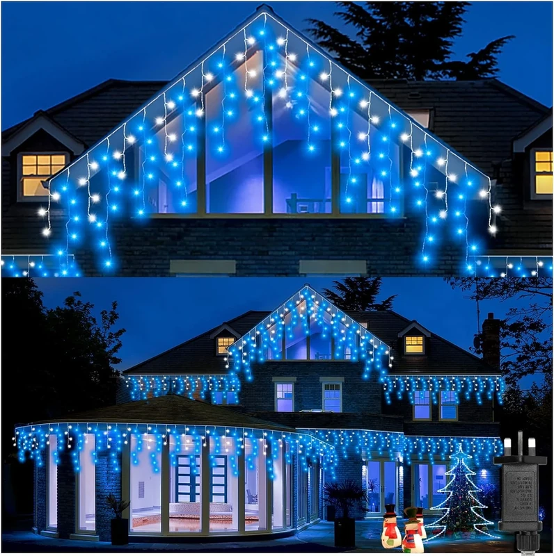 SHATCHI 1200LEDs Waterfall Icicle Christmas Lights Blue and Cool White - Multifunction 8 Modes, Timer Clear Cable Indoor/Outdoor Low Voltage Waterproof Curtain Light Christmas Decoration