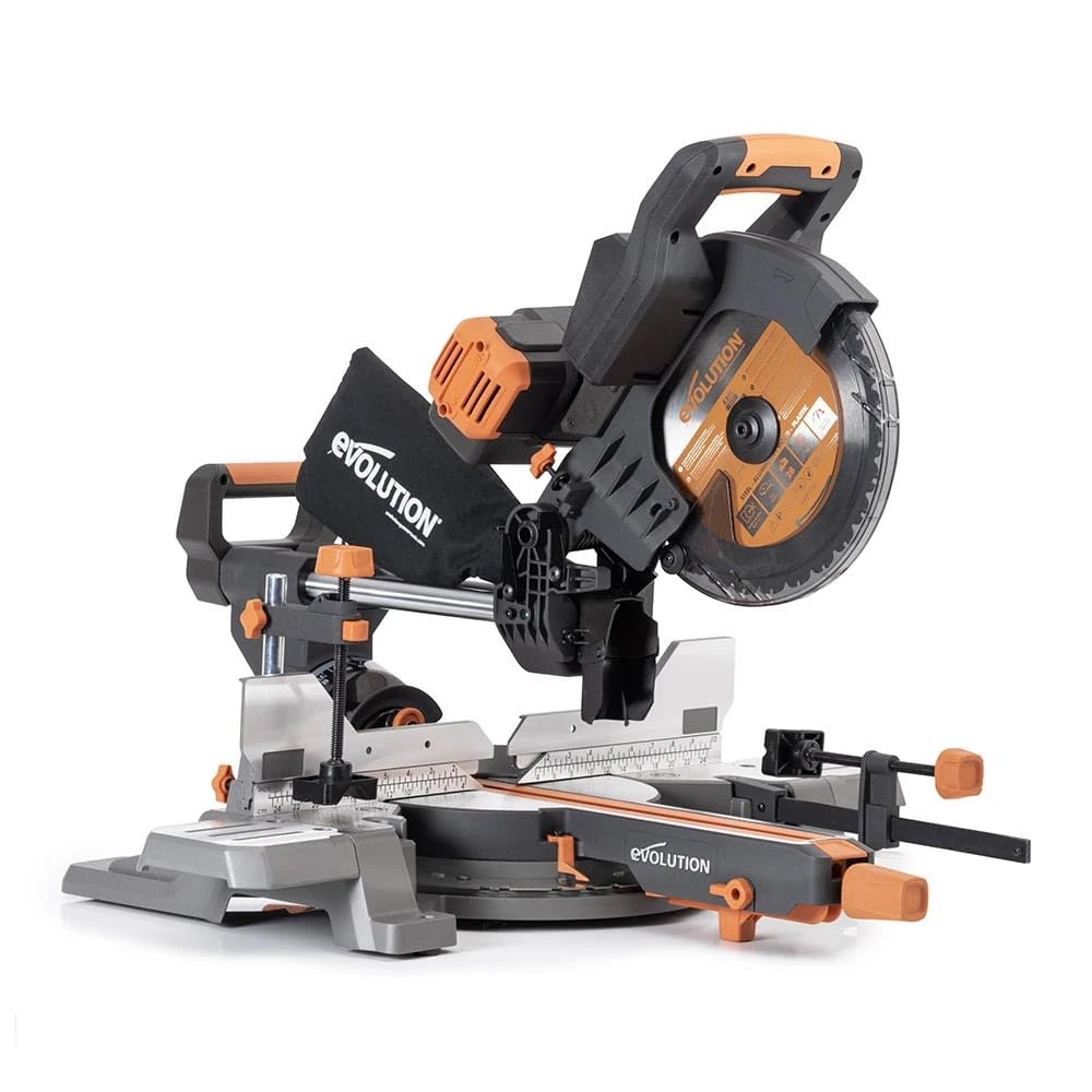 Evolution Power Tools R255SMS-DB-Li Cordless Brushless Double Bevel Double Battery Sliding Mitre Saw 2x 18v Li-Ion EXT Multi-Material Blade, Cuts Wood, Metal, Plastic, 255mm - Batteries Not Included