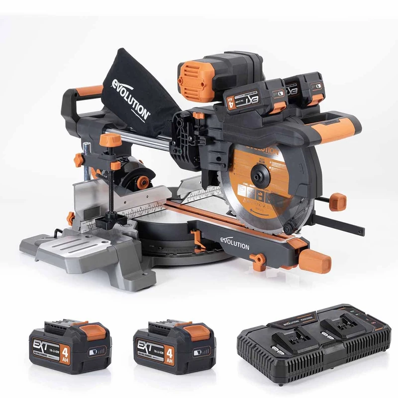 Evolution Power Tools R255SMS-DB-Li Cordless Brushless Double Bevel Double Battery Sliding Mitre Saw 2x18v Li-Ion EXT Multi-Material Blade Cuts Wood Metal Plastic, 255mm - Batteries & Charger Included