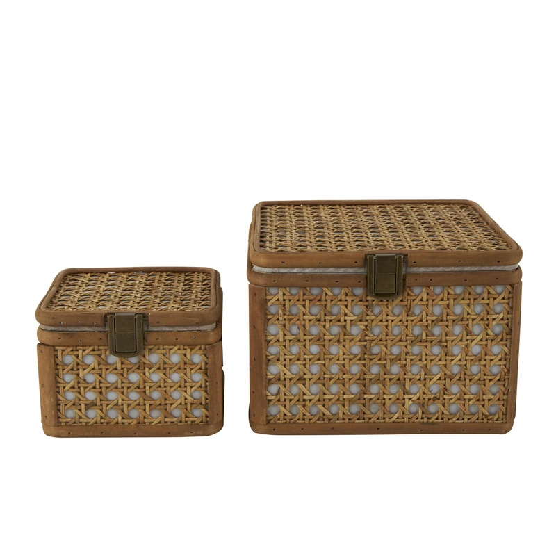Deco 79 Rattan Handmade Decorative Box Woven Rattan Decorative Keepsake Boxes with Bronze Latches, Set of 2 Storage Boxes 7", 5"W, Brown
