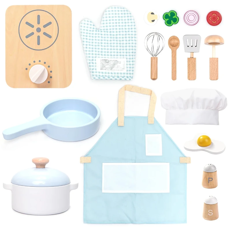 UMU® Children's Wooden Cooking Set with Crockery (Pots and Pans), Apron, Food and More, Children's Kitchen Accessories for Role Play, 18-Piece Kitchen Toy for Children from 2, 3, 4, 5 Years