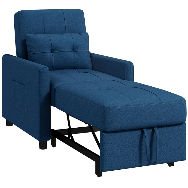 HOMCOM Compact Single Chair Bed, Pull Out Bed, Convertible Sleeper Chair with Adjustable Backrest, Pillow, Side Pockets for Home Office, Bedroom, Living Room, Blue