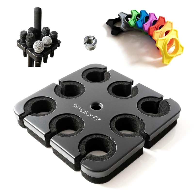 Simplurfi Multi Microphone Holder For Mic Stand - Square Tray Attachment holds up to 8 mics On Stage Organizer and Display - 8 Anti-roll Rings Included