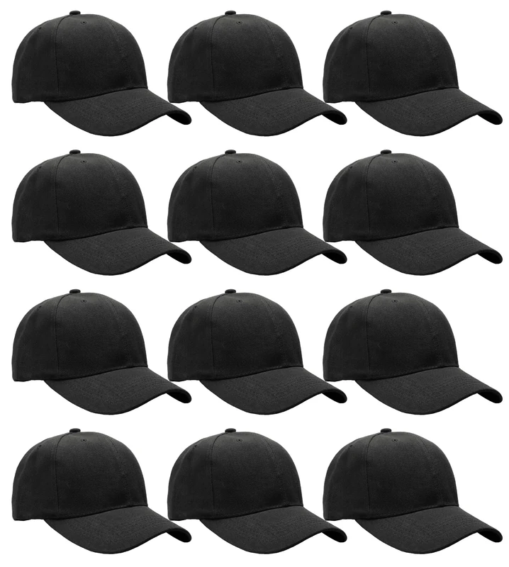 Falari Wholesale Bulk Lot 12-Pack Baseball Cap Adjustable Size Plain Blank Solid Color, Black, One Size