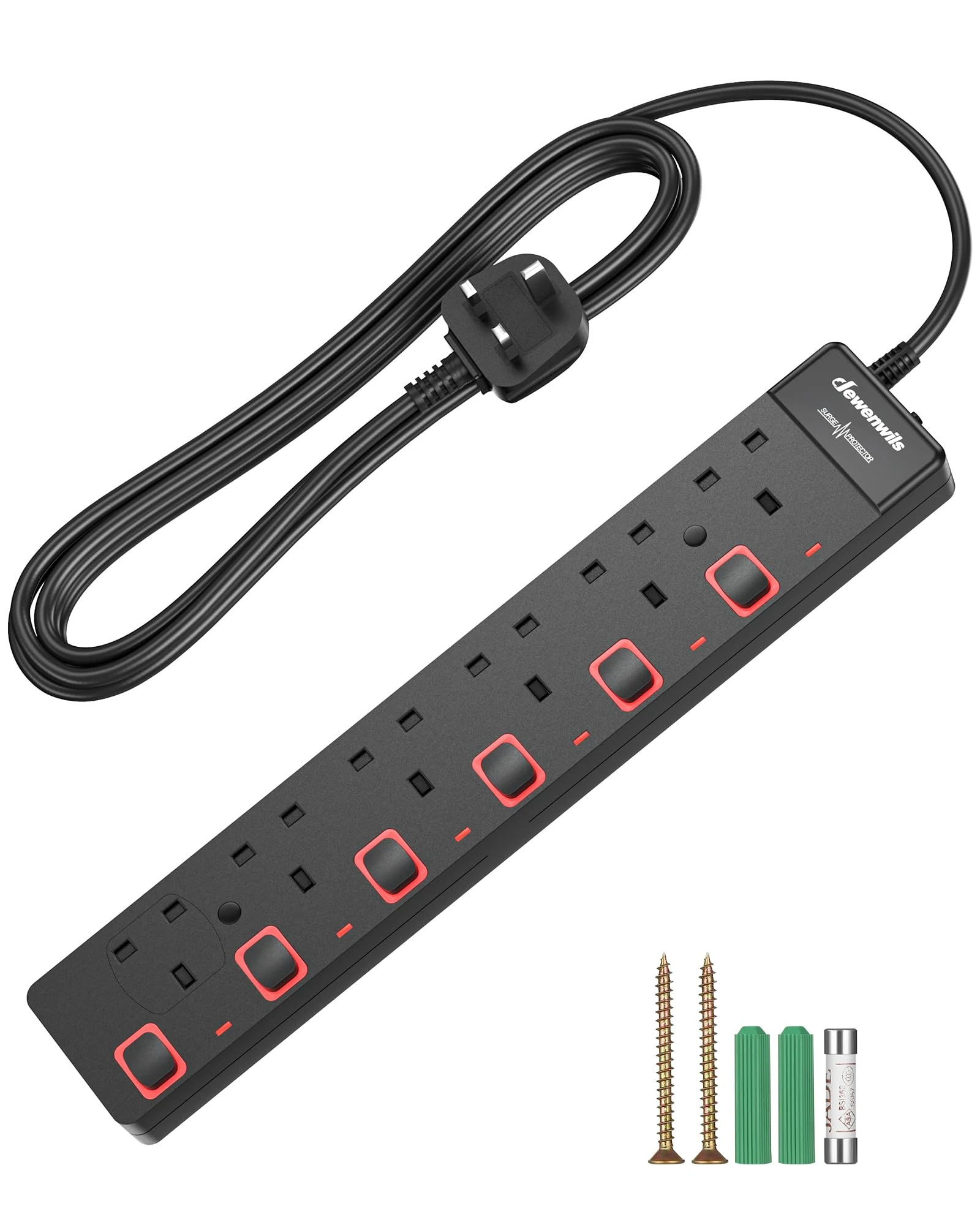 DEWENWILS 6 Way Surge Protected Extension Lead, Individual Switches and Indicator Lights, Extension Cable 3M, 13 Amp 6 Gang Power Strip, 3250W, Wall Mountable, Black