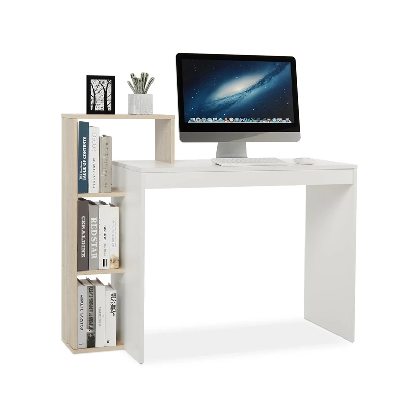 Mondeer Compact Computer Desk with 3 Storage Shelves, Space Saving Writing Desk, 110 x 40 x 92 cm, for Home Office Workstation Study, White and Oak