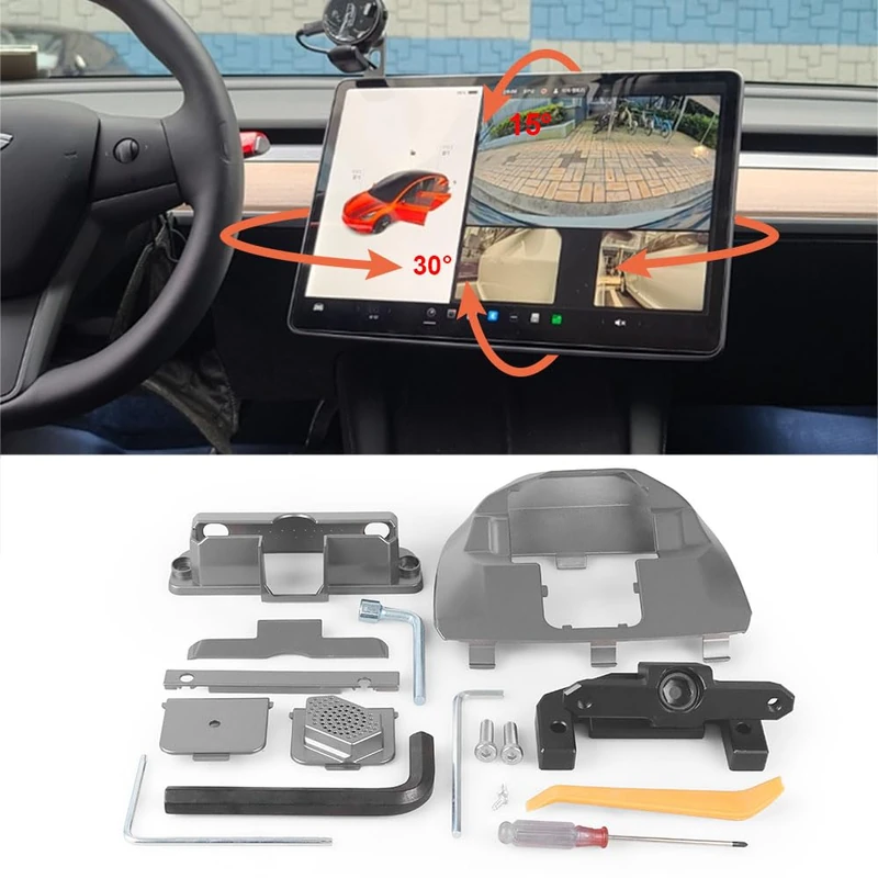 Monitor Screen Swivel Mount for Model 3 (2017-2023) Model Y (2020-2024) Upgraded Four Directions Adjustable GPS Navigation Central Control Display Swivel Bracket (Left/Right 30° Up/Down 15°)
