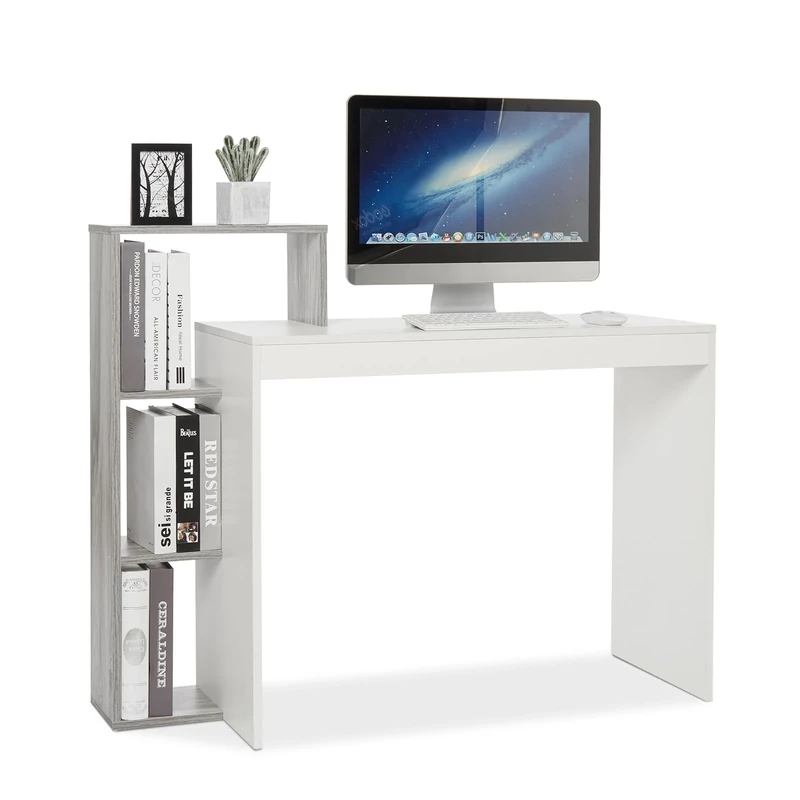 Mondeer Compact Computer Desk with 3 Storage Shelves, Space Saving Writing Desk, 110 x 40 x 92 cm, for Home Office Workstation Study, White and Grey