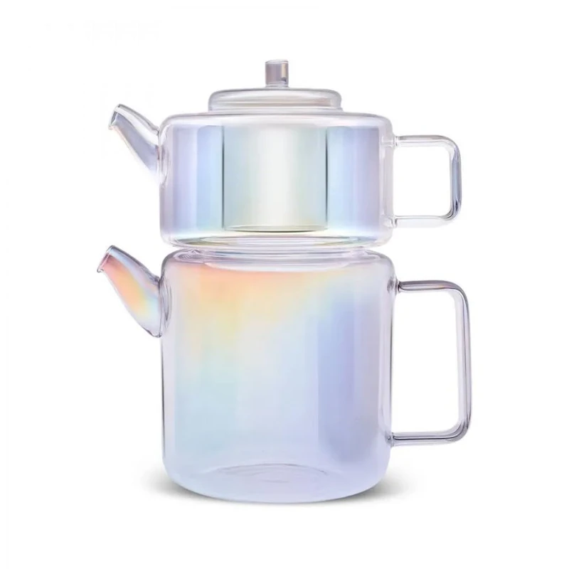Karaca Flat Borosilicate Luster Glass Teapot – Multi/Luster Finish, 1.1 L / 1.8 L Dual Capacity, Heat-Resistant