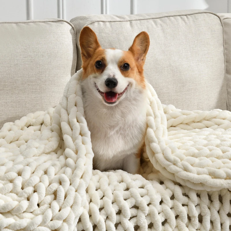 Feabuccy Soft Chunky Knit Blanket, 60X80 in Handmade Thick Chenille Yarn Throw Without Shedding & Raveling, Aesthetic & Cozy Home Decor with Couch Sofa Bed, Gift Pack, Ivory White