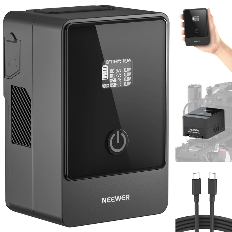 NEEWER V Mount Battery PS099E with Type C Cable, 6800mAh 99Wh 14.5V Mini V Lock with OLED Display, Fast Charging 65W PD USB C, D Tap/BP/USB A/DC Output for Video Camera Monitor Camcorder Filmmaking