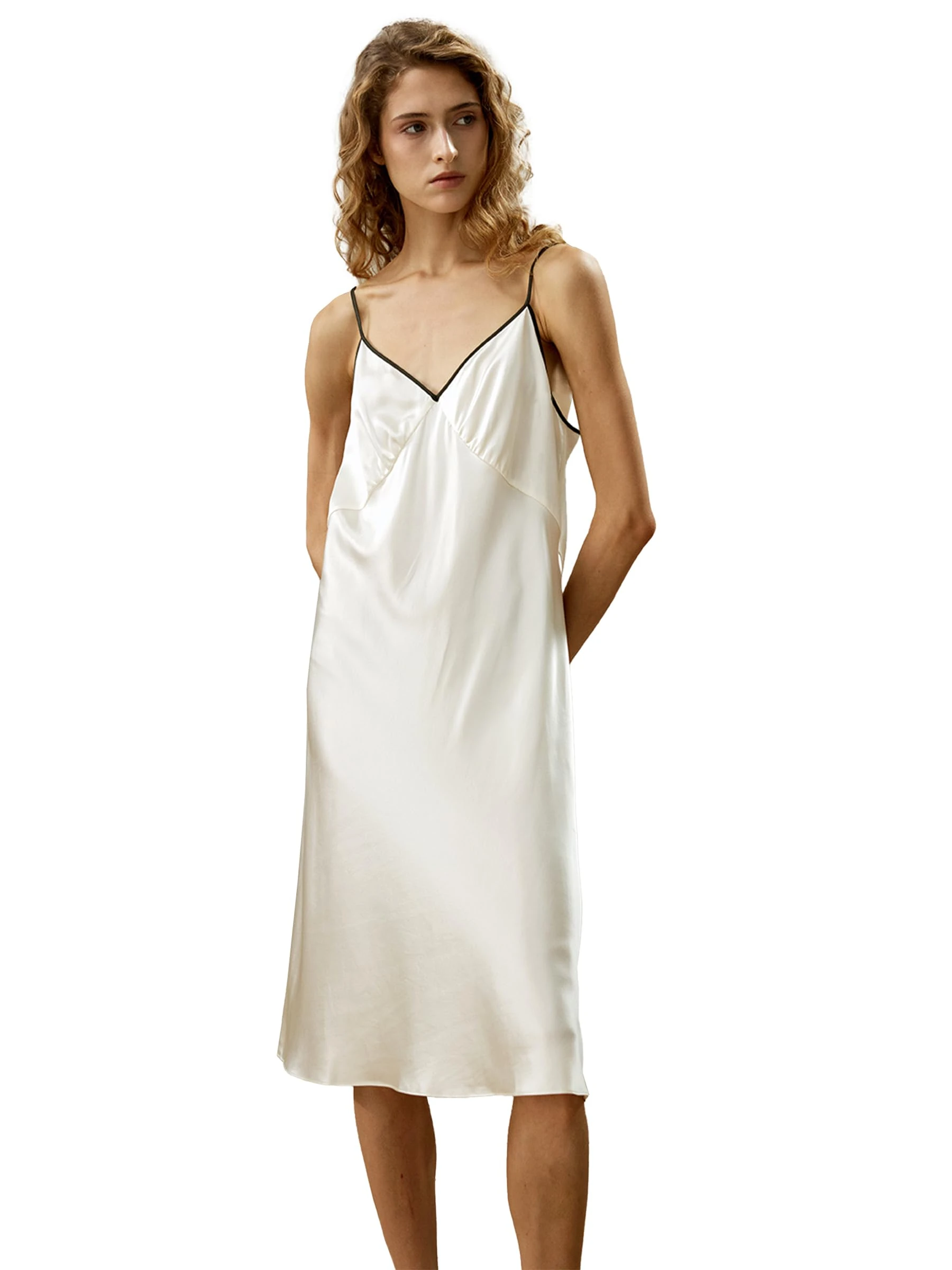 LilySilk Silk Nightgown for Women Sleeveless V Neck 22 Momme Silk Charmeuse Contrast Slip Dress Sexy Sleepwear Ladies Lily White Large(Lily White,S)