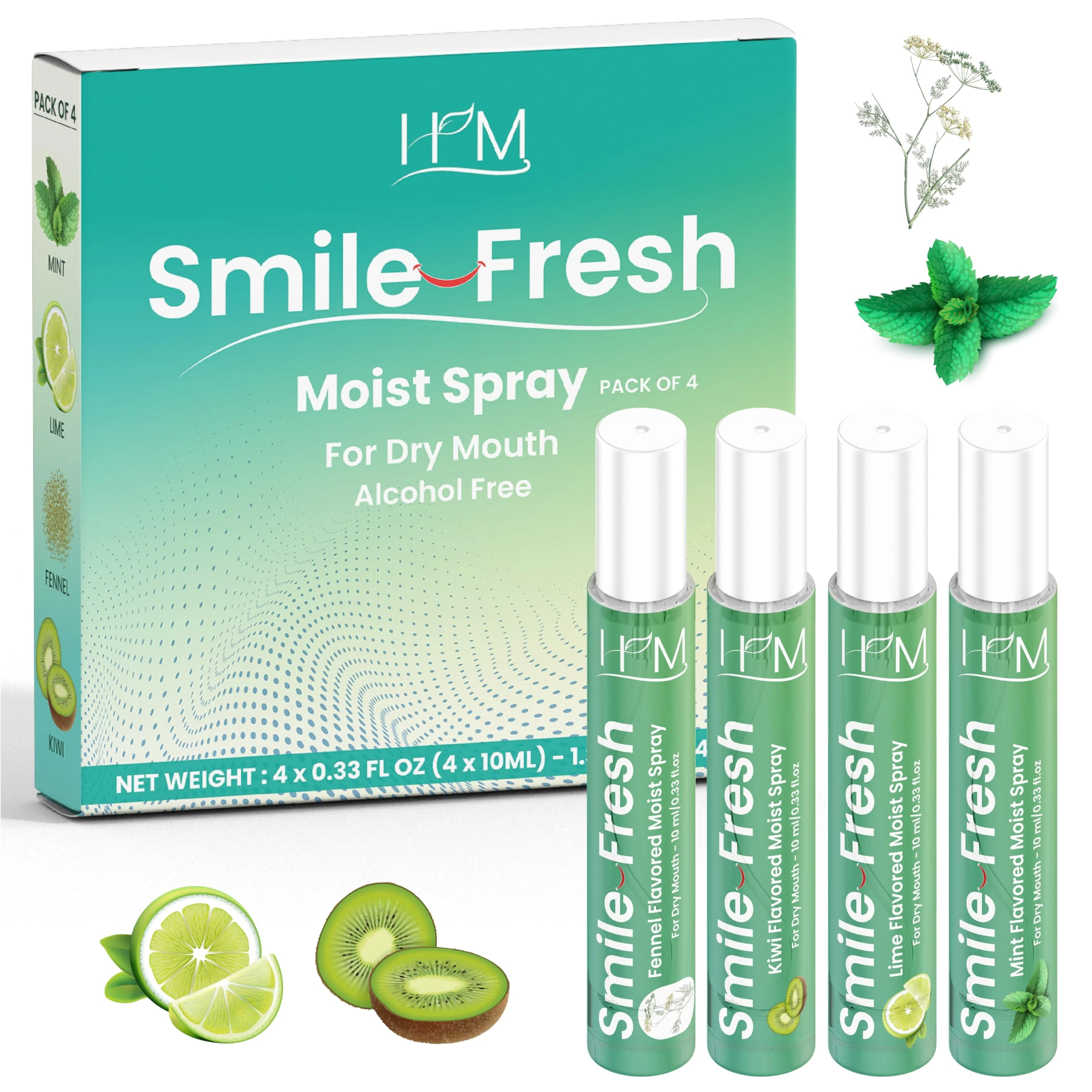 HM - Dry Mouth Flavoured Spray - Alcohol Free | Instantly Hydrate & Moisturize | pH Balanced | Promotes Saliva Production & Soothes | Pack of 4 x 0.33 oz [1.35 Oz]