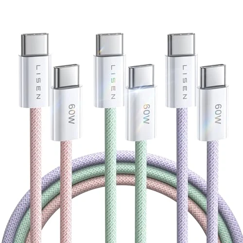 LISEN USB C Cable, 3-Pack [10/10/10FT] USBC to USBC Cable for iPhone 16e 15 Pro Max Charger Cord, 60W (3.1A) C to C Cable Fast Charging for Samsung S25/S24/23, Switch 2, iPad, MacBook