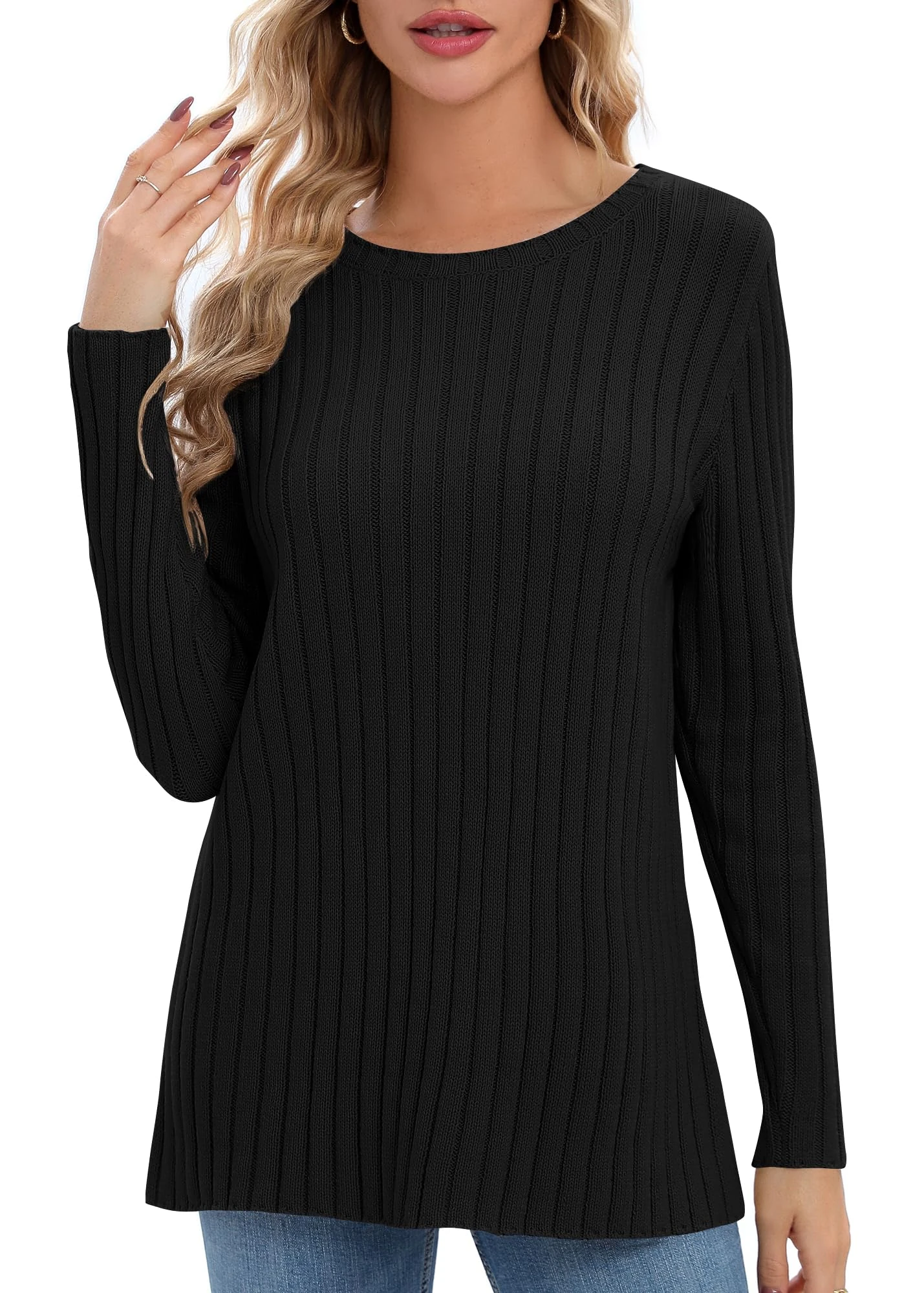 Urban CoCo Women's Lightweight Crewneck Pullover Sweaters Long Sleeve 2024 Fall Knitted Sweater Tops, Black, Small