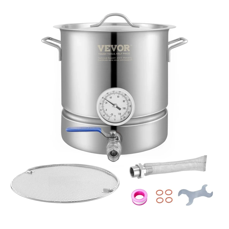 VEVOR Stainless Steel Kettle, 5 Gallon Brewing Pot, Tri Ply Bottom for Beer, Brew Kettle Pot, Home Brewing Supplies Includes Lid, Handle, Thermometer, Ball Valve Spigot, Filter, Filter Tray