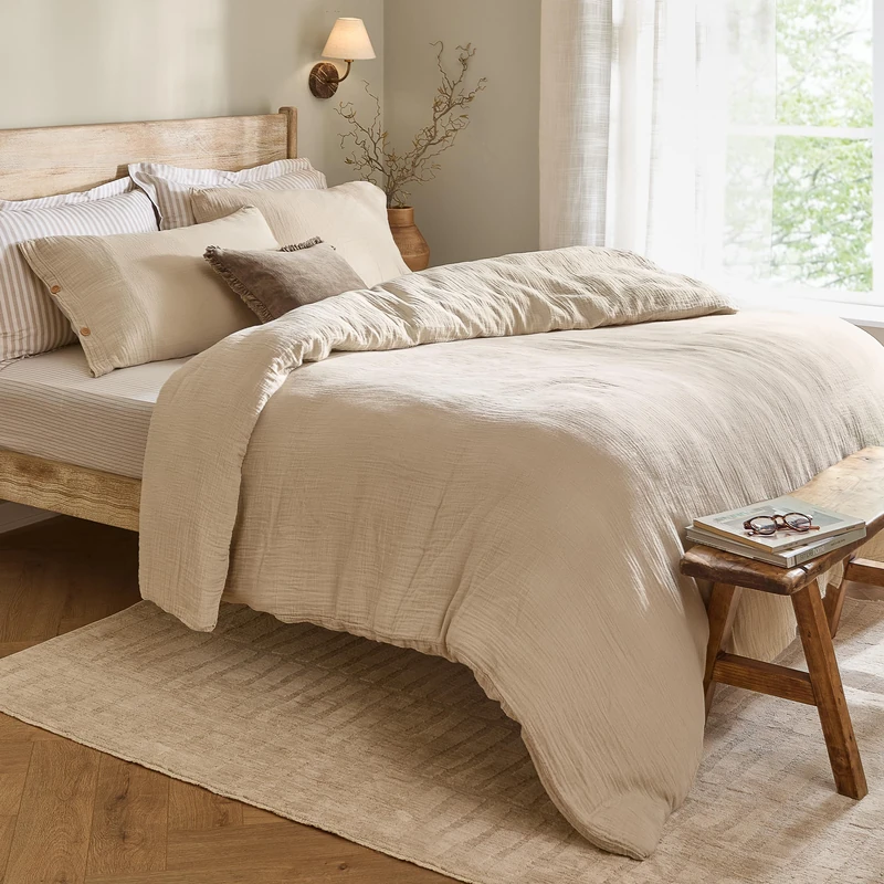 Yard furn Lark Cotton Muslin Duvet Cover Set - Soft Crinkle Texture Bedding (Natural - King) - Image 1