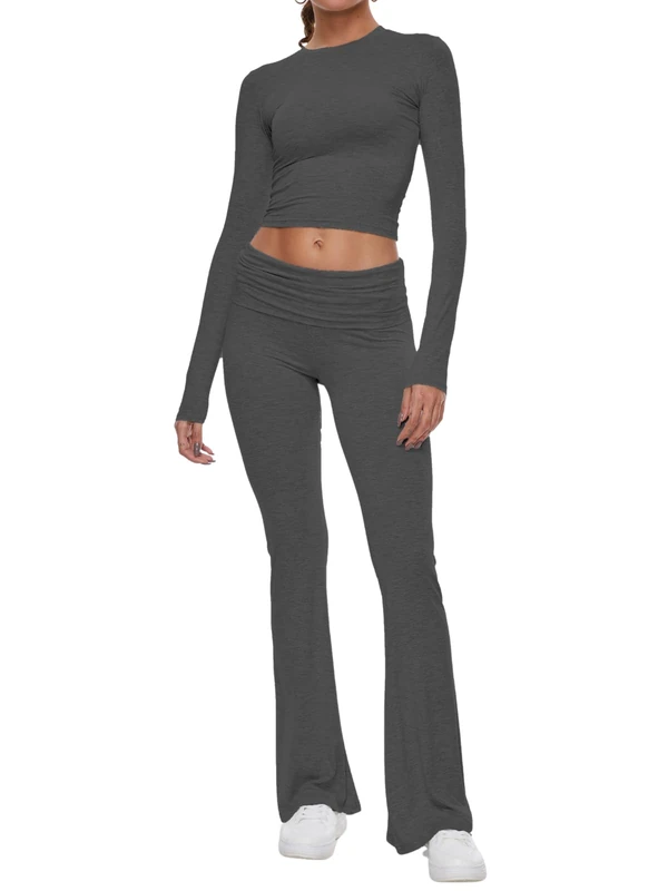AnotherChill Women's 2 Piece Lounge Sets Fold-over Flare Pants Set Long Sleeve Cropped Top Casual Outfits Pajamas, Dark-grey, S