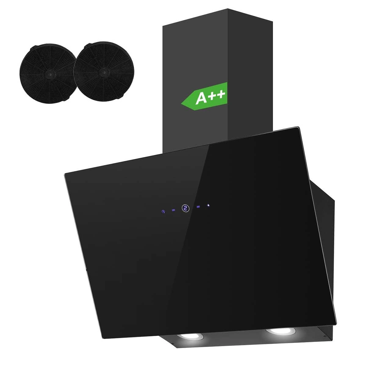 SNDOAS Cooker Hood 60cm, 550m³/h Angled Extractor Hood, Class A++, 3-Speed, Touch Control, Black Wall-mounted Extractor Fan for Kitchen, Recirculating & Ducting Modes, LED Lights