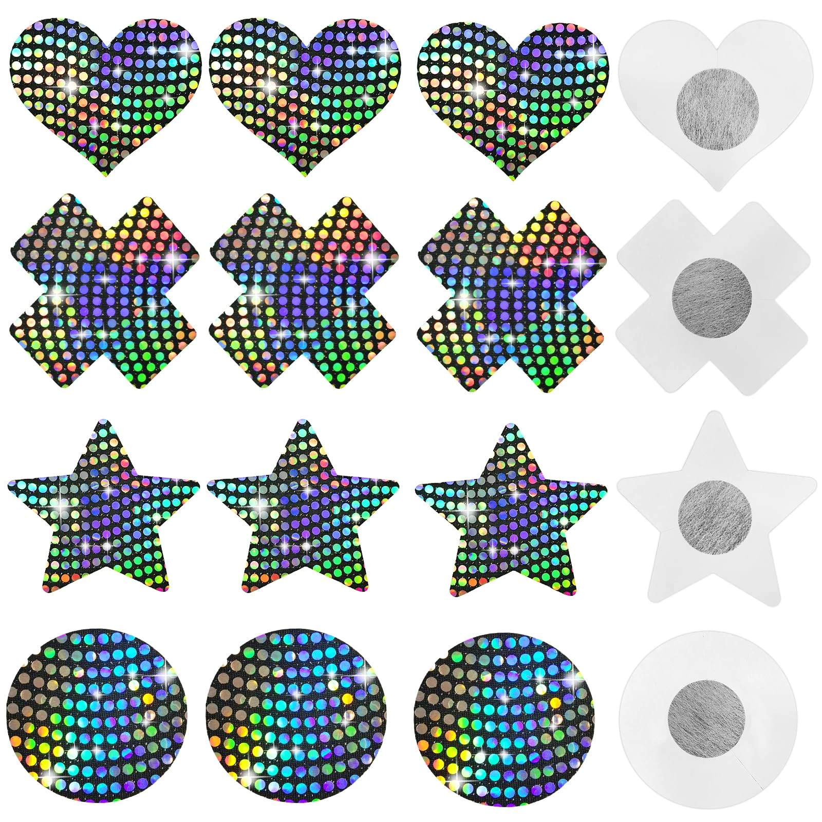 Nipple Covers Disposable, 16 Pcs Shiny Sequin Breast Covers Self-adhesive Heart Round Star Cross Invisible Nipple Breast Patches Black Nipple Stickers for Women Girls Party Accessory (Style 1)