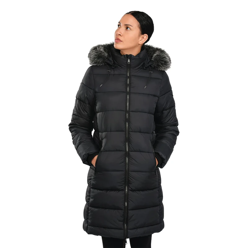 riemot Winter Jackets for Women UK with Detachable Hood Women's Padded Jacket Slim Fit Warm Winter Coats Two-Way Zipper Ladies Insulated Outerwear Parka Coat for Casual and Outdoor Wear, Black, L