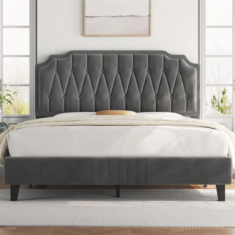Yaheetech 4ft6 Double Bed Frame, Velvet‑Upholstered Headboard, Dark Grey