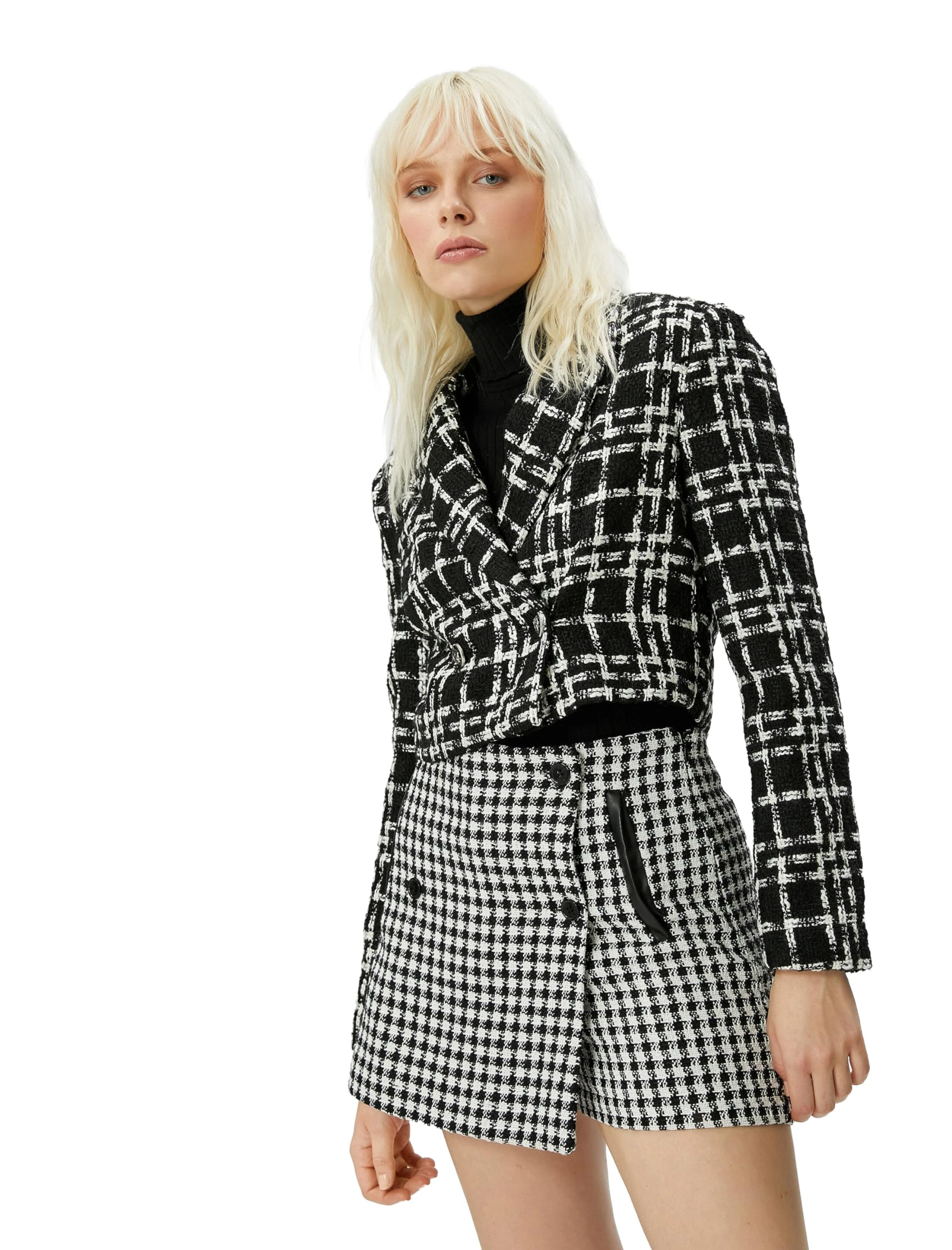 Koton Women's Button Detail Wrap Over Tweed Mini Skort Skirt, Black Check(02T), 22