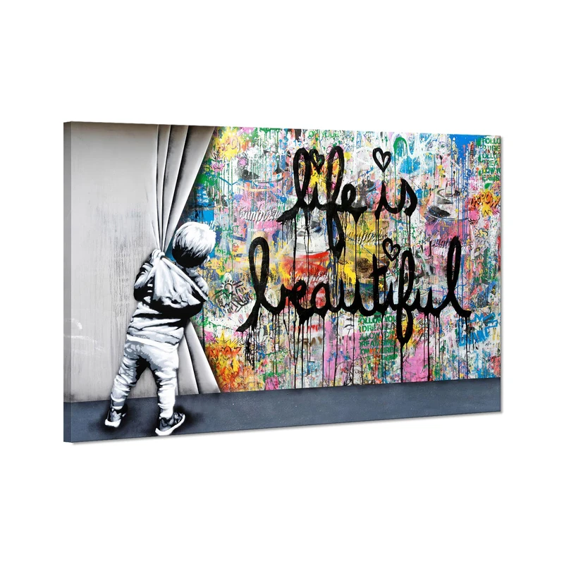 Life Is Beautiful Graffiti Wall Art Colorful Pop Art Behind the Curtain Canvas Prints Street Graffiti Framed Artwork for Living Room Bedroom Decor Ready to Hang - 24x36inch