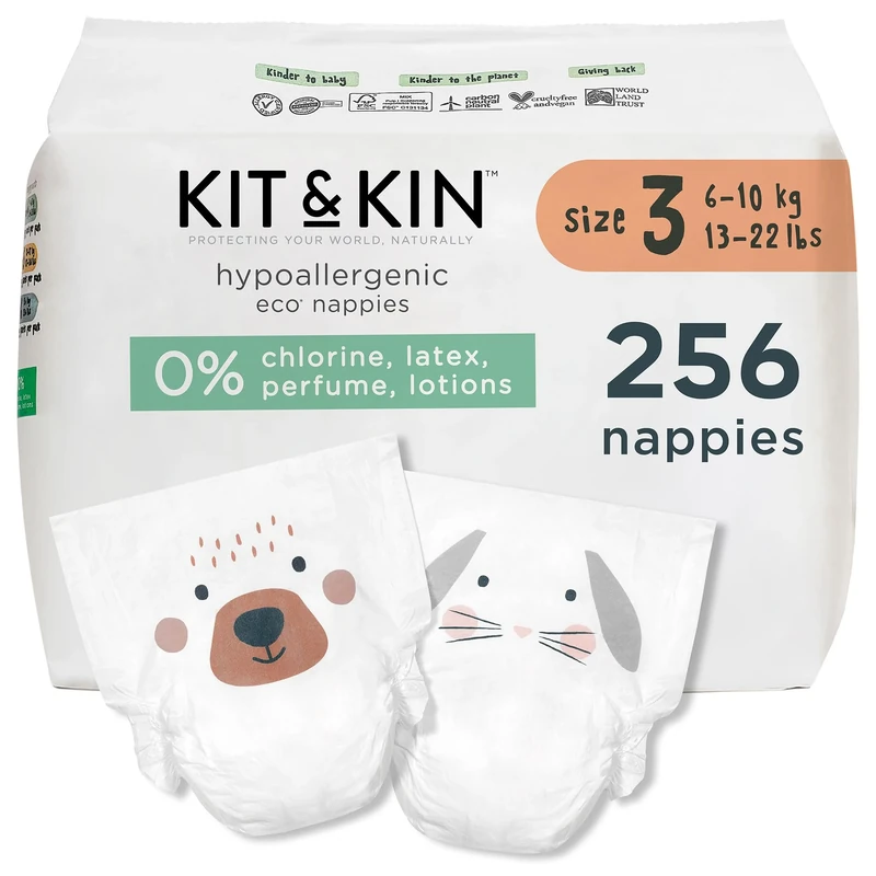 Kit & Kin Premium Eco Baby Nappies Size 3 | 6-10 kgs / 13-22 lbs | Pack of 256 Nappies | Plant-Based & Hypoallergenic | Superior up to 12 Hour Leak Protection | Vegan & Cruelty Free