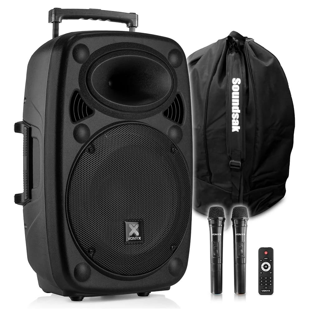 VONYX Verve46 15" Portable PA System 1000W with Dual Wireless Microphones, Rechargeable Battery, Bluetooth & MP3 Player, Includes Protective Speaker Bag – Ideal for Parties & Events