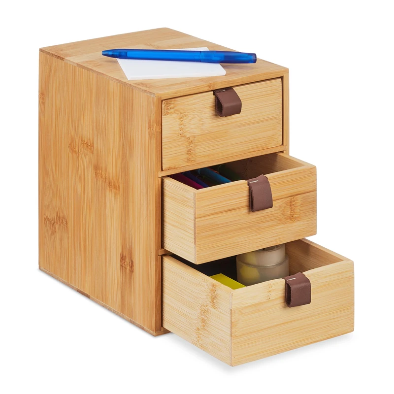 Relaxdays Desk Organiser, 3 Drawers, Natural Bamboo, HWD: 21 x 15 x 20 cm, Utensils Box, Home, Bathroom, Office