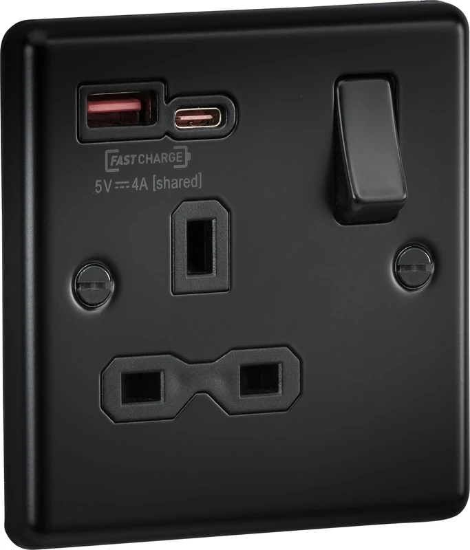Knightsbridge 13A 1G SP Switched Socket with Dual USB Charger A+C [Max. 18W QC/PD FASTCHARGE] - Matt Black