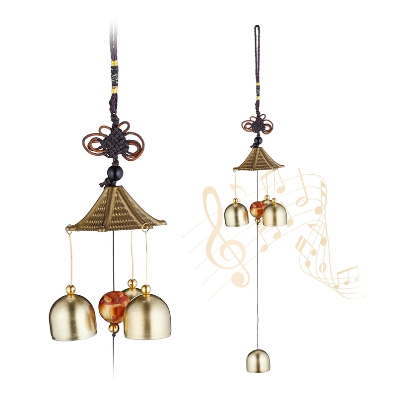 Relaxdays Set of 2 Wind Chimes, Metal, Outdoor & Indoor, Garden, Balcony, Terrace, Hanging Decor, Feng Shui, Gold/Black, Iron, Plastic, 39 x 7.5 x 7.5 cm