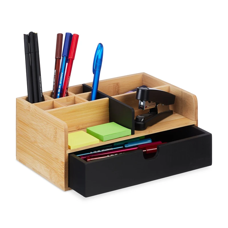 Relaxdays Desk Organiser, 1 Drawer, 9 Compartments, Bamboo, HxWxD: 10 x 25 x 15.5 cm, Utensils Storage, Natural/Black