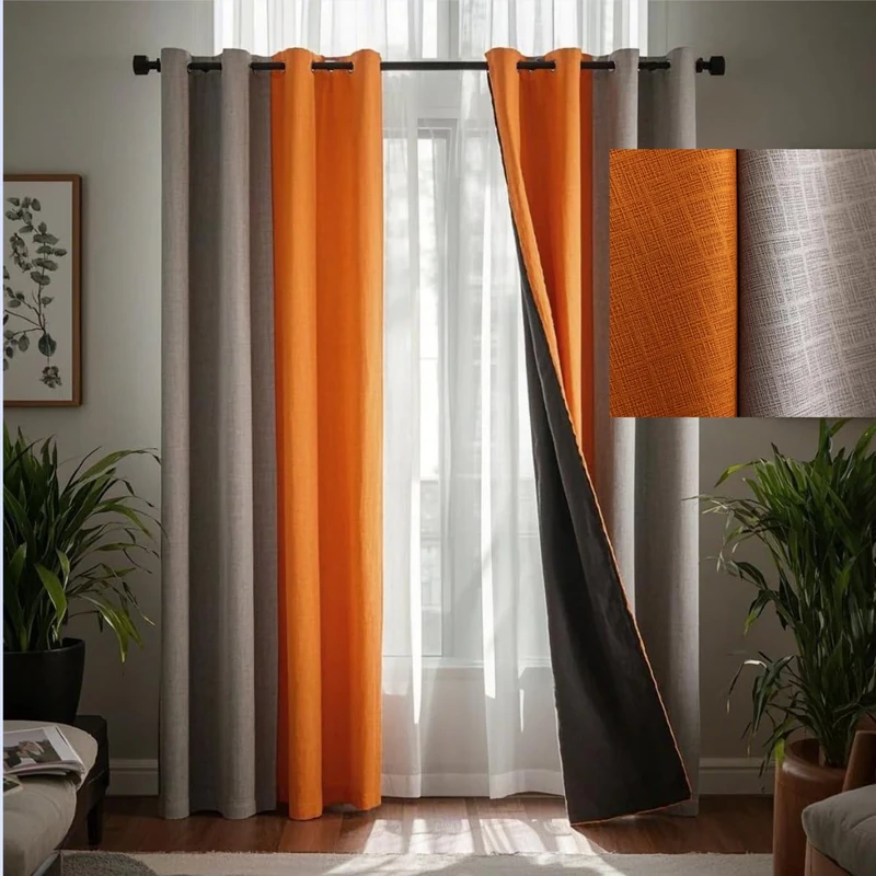 F-CHU Grey and Burnt Orange Curtains for Bedroom 100% Blackout Curtains Thermal Insulated Room Darkening Window Drapes for Living Room Grommet 84 inch Long 2 Panels