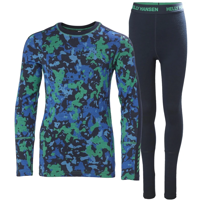 Helly Hansen Unisex Kid's JR Graphic LIFA Merino Set Base Layer Bottom, 499 Bright Green Splash CAMO A, 8 Years