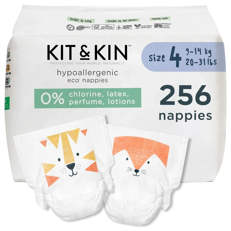 Kit & Kin Premium Eco Baby Nappies Size 4 | 9-14 kgs / 20-31 lbs | Pack of 256 Nappies | Plant-Based & Hypoallergenic | Superior up to 12 Hour Leak Protection | Vegan & Cruelty