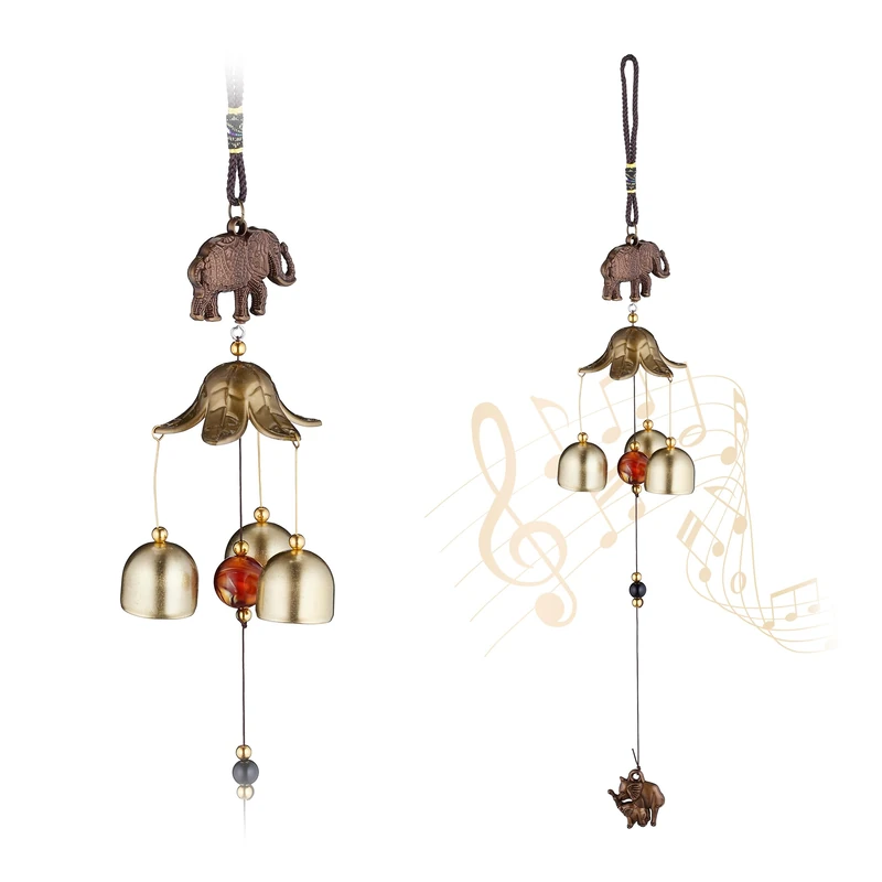 Relaxdays Set of 2 Wind Chimes, Metal, Outdoor & Indoor, with Elephant Detail, Hanging Decoration, Feng Shui, Gold/Black, Iron, 45.5 x 7.5 x 7.5 cm - Image 1