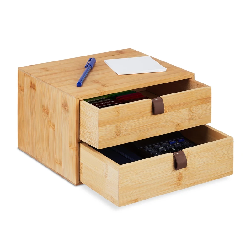 Relaxdays Desk Organiser, 2 Drawers, Compartments, Bamboo, HxWxD: 14.5 x 25 x 20 cm, Office Utensils Storage, Natural