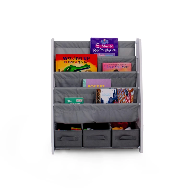 Humble Crew Inspire Wooden Bookshelf for Children, 4 Tier Book Storage Shelf with Deep Fabric Pockets, 3 Collapsable Bin Organisers, Forward Facing Book Display for Easy Identification - Grey/White